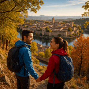 Pareja frente a Buitrago del Lozoya en la Sierra Norte de Madrid